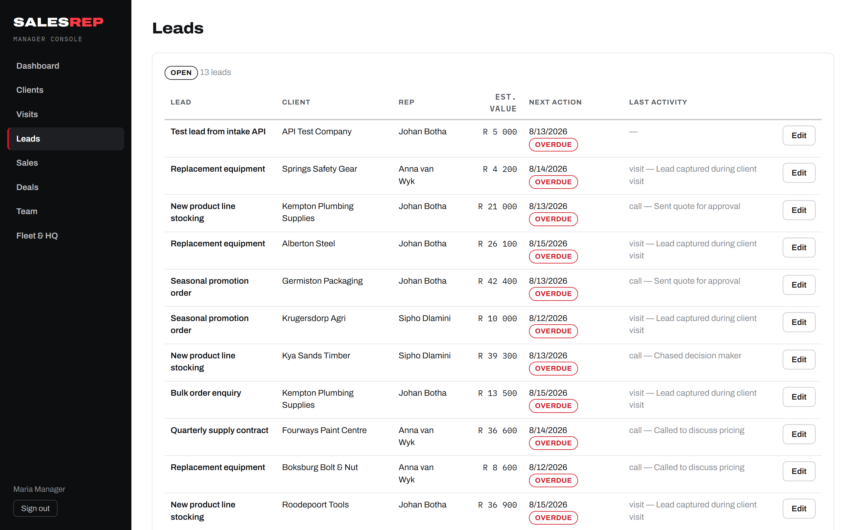Leads list with follow-up dates